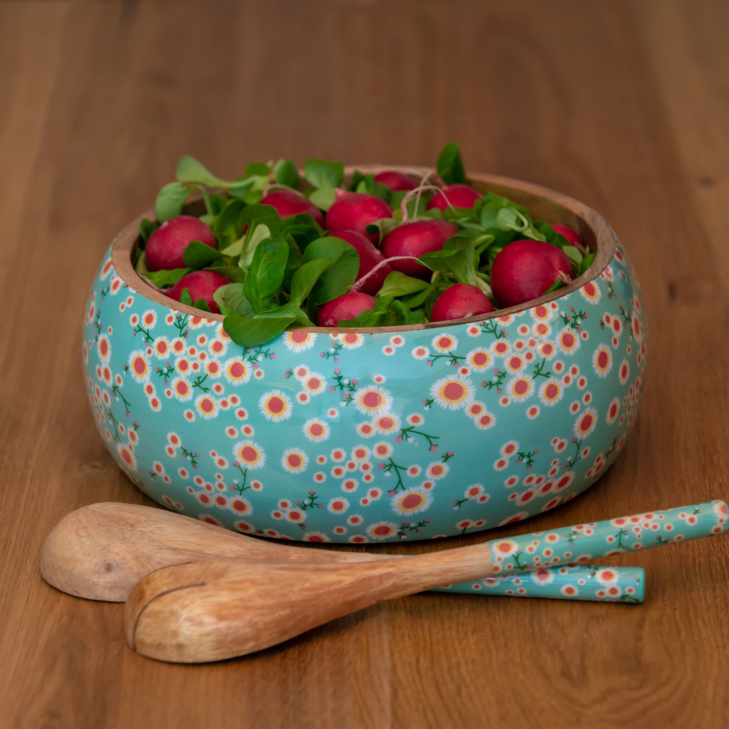 Dekorative Salatschüssel mit Besteck aus Mangoholz in Mint Garden